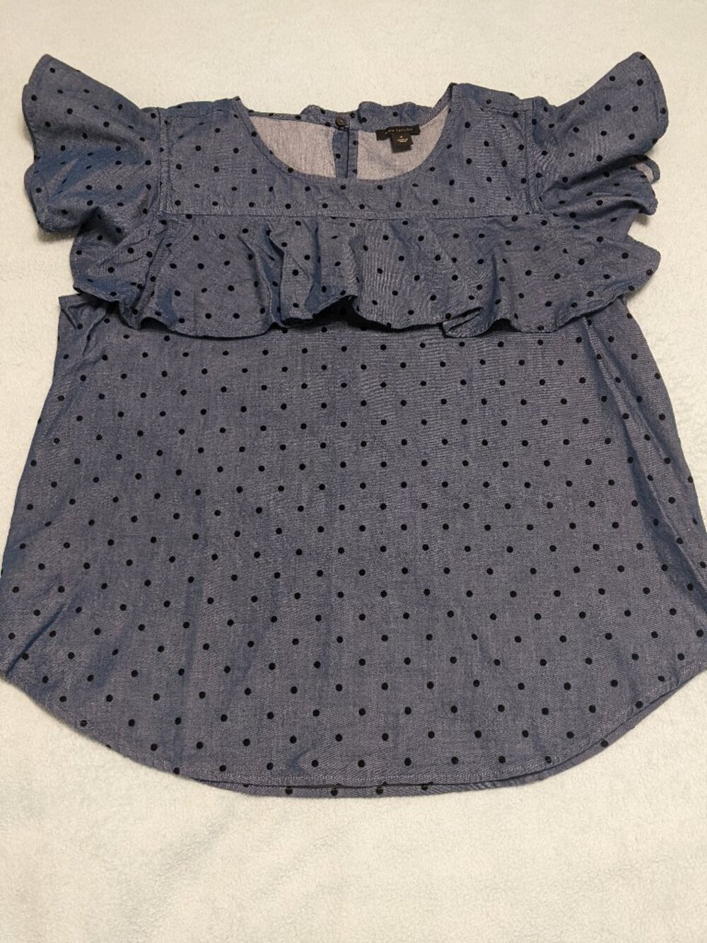 Ann Taylor Women's M Blue Polka Dot Blouse Cotton Ruffle Cottagecore Coquette